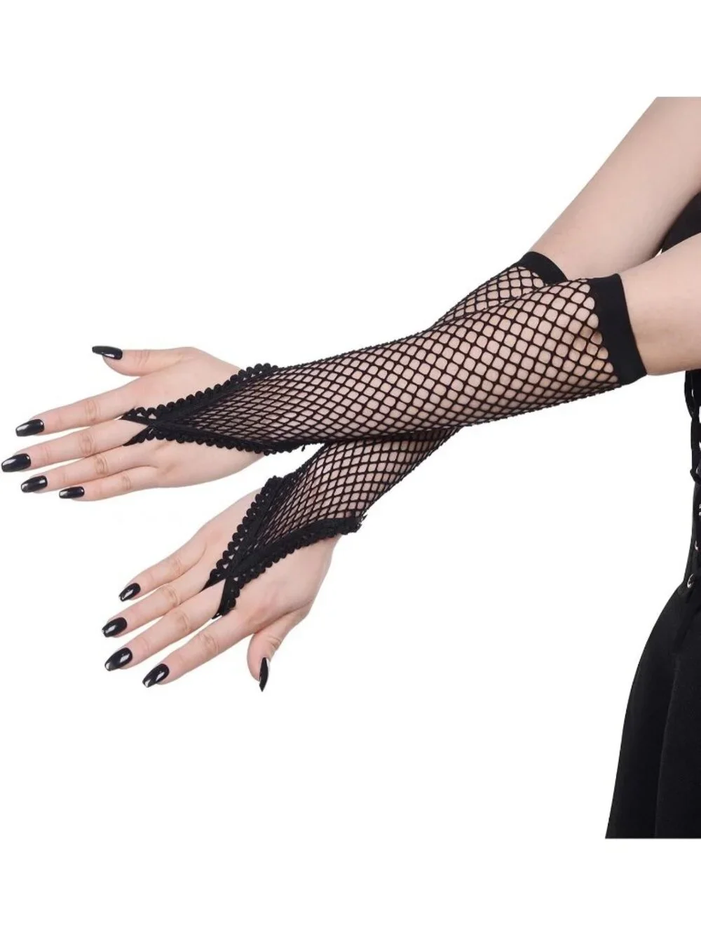 Women's Black Long Fishnet Fingerless Mesh Scalloped Edge Gothic Gloves